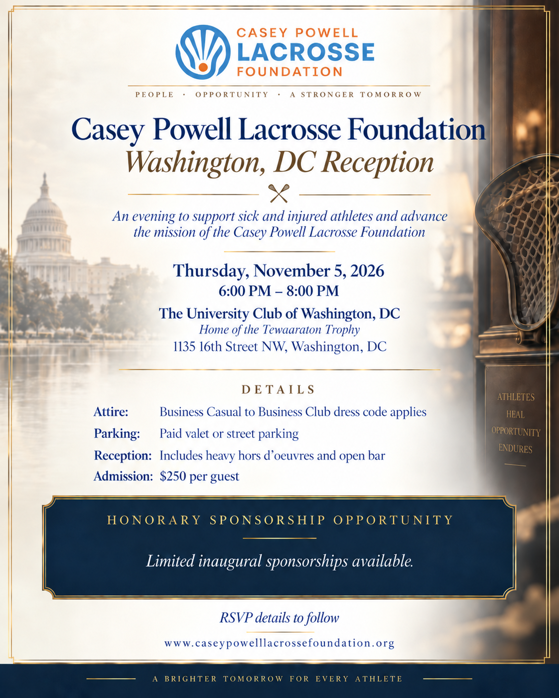 Casey Powell Lacrosse Foundation Washington DC Reception flyer, November 5, 2026, University Club of Washington DC